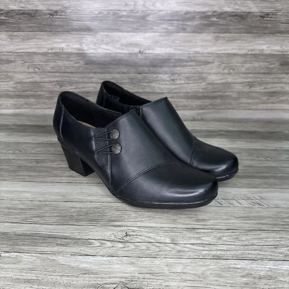 Clarks Emslie Warren Women Size 10 Black Leather Booties Ankle Shoes Heel